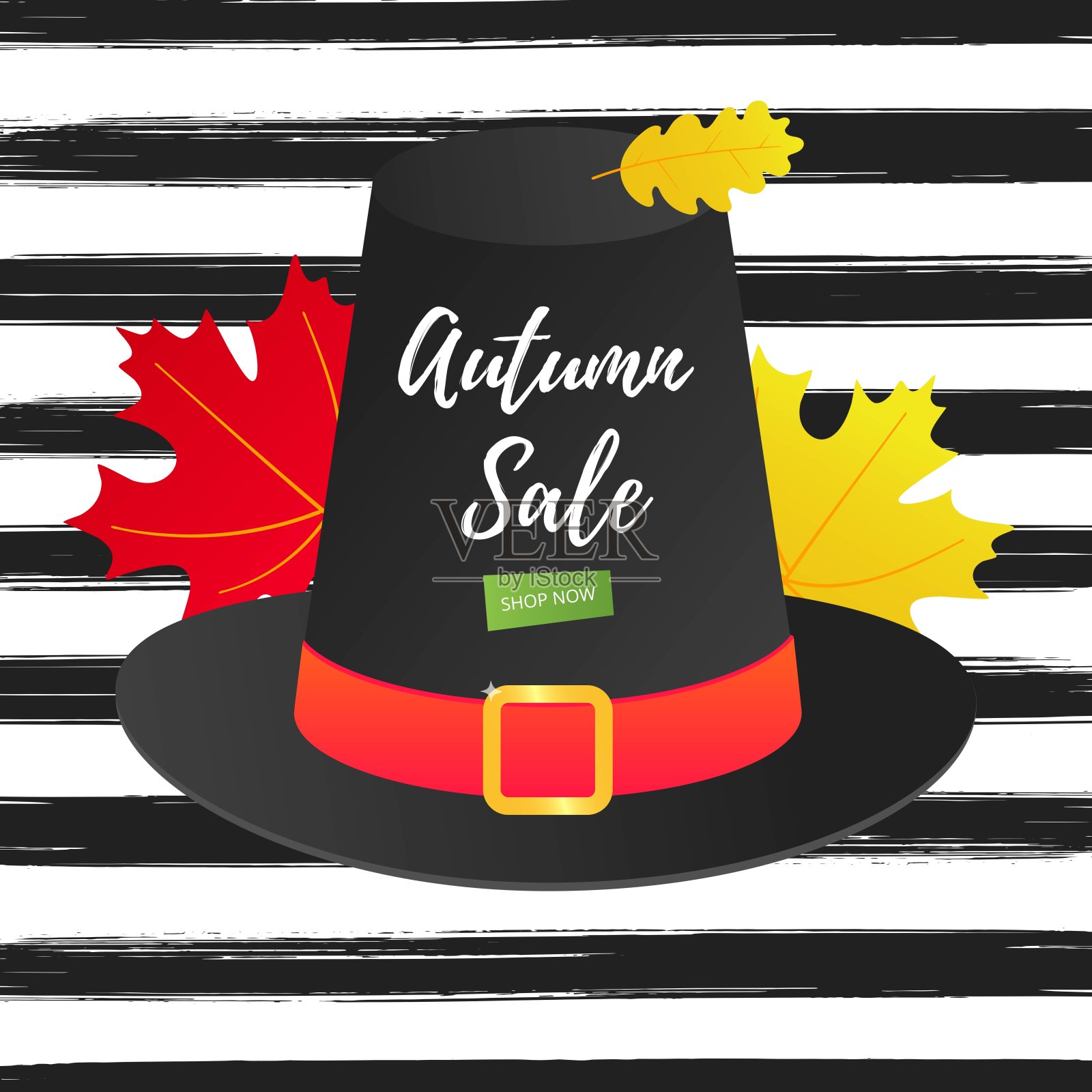 秋季销售矢量横幅或海报梯度平面风格设计矢量插图。巨大的红色丝带与文字秋天出售，彩色的叶子，南瓜，向日葵，馅饼和玉米孤立在有趣的背景。设计元素图片