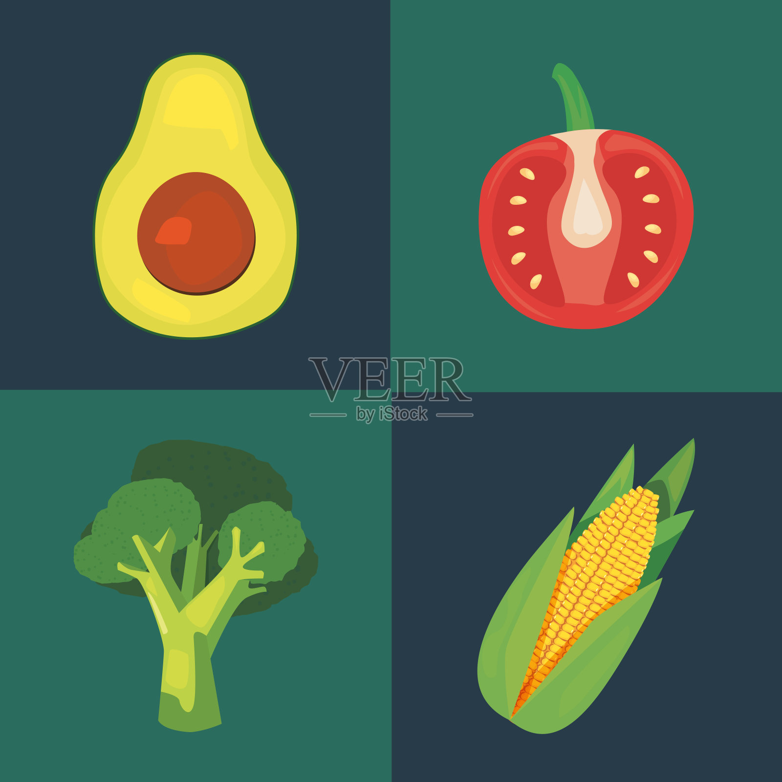 牛油果，西红柿，玉米和花椰菜蔬菜插画图片素材