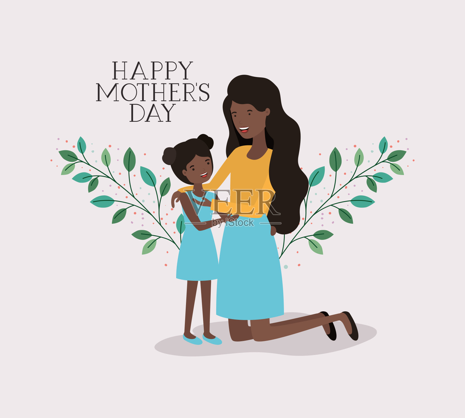 母亲节卡片与黑色的母亲和女儿叶皇冠插画图片素材