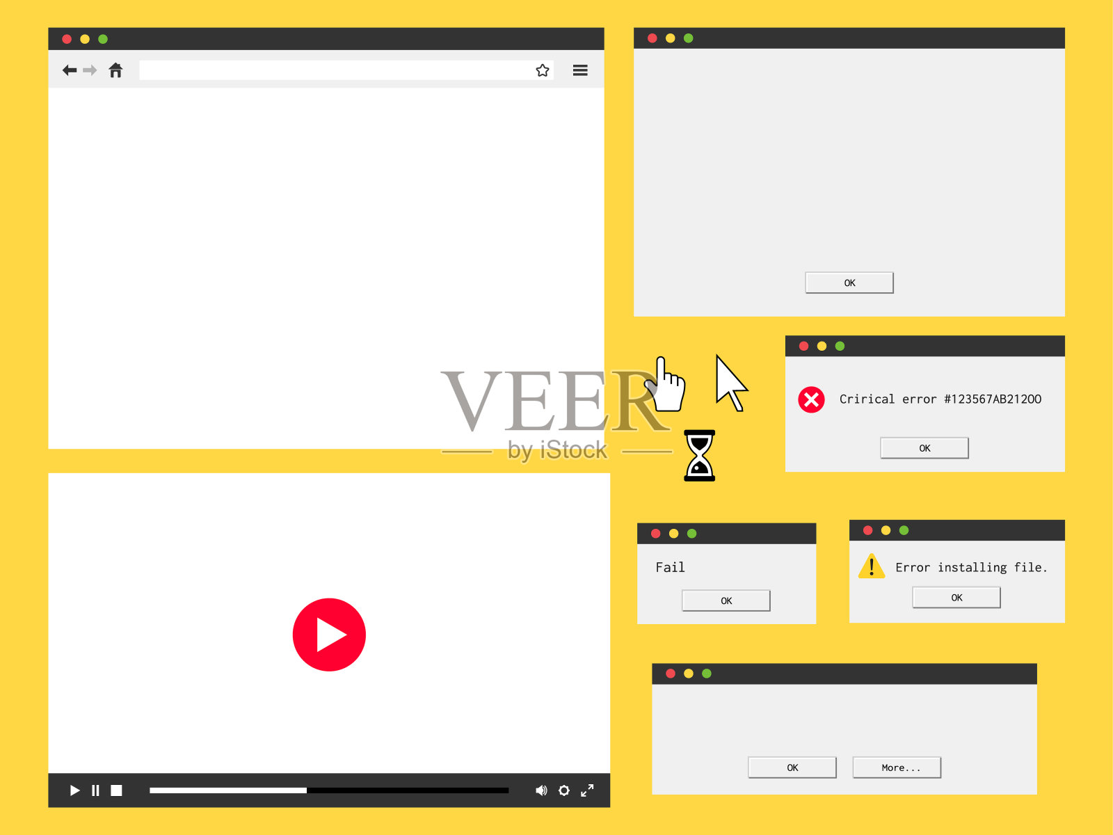 平面浏览器窗口，音频播放器，错误信息和对话框。电脑鼠标光标插画图片素材