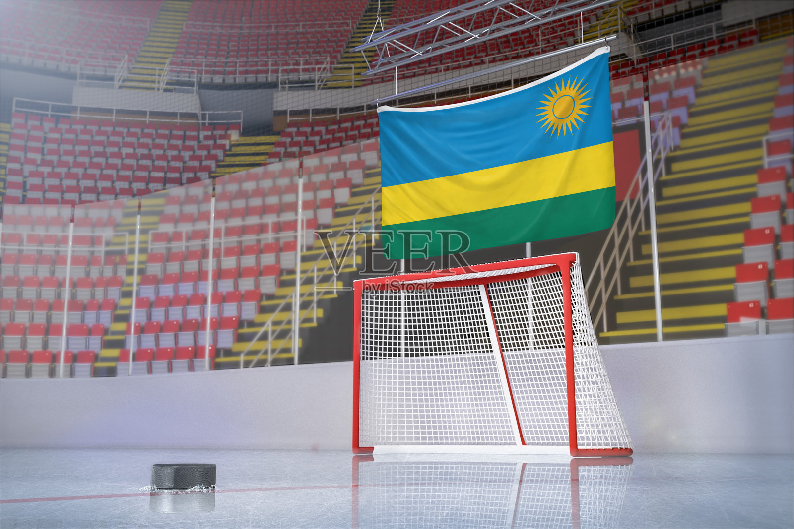 带冰球和球网的曲棍球场上的卢旺达国旗照片摄影图片