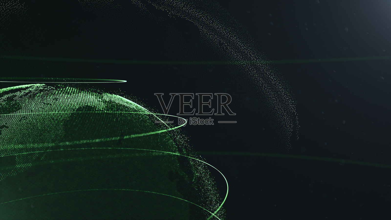 未来主义的圆点球体。全球化的接口。科技感抽象图形。3 d渲染。绿色的环围绕着球体。照片摄影图片