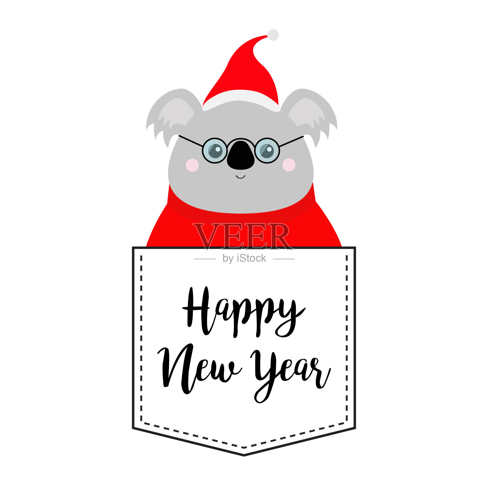 新年主题考拉卡通形象：戴红色圣诞帽、毛衣和眼镜插画图片素材