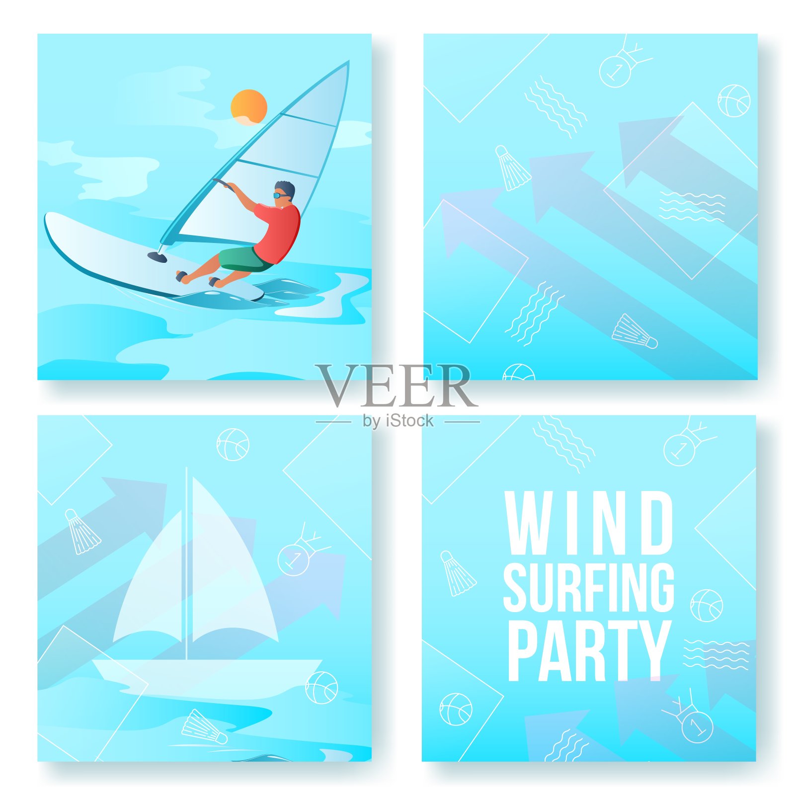 梯度卡通扁平人物夏季运动活动，帆板党横幅传单海报，网上概念，健康生活方式设计卡套。平面卡通男孩帆板，海浪冲浪插画图片素材