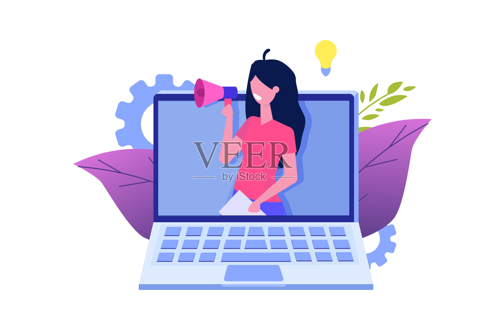 推荐朋友，推荐网络营销。推荐给朋友。分享推荐代码女人们在扩音器上大喊。矢量插图。插画图片素材