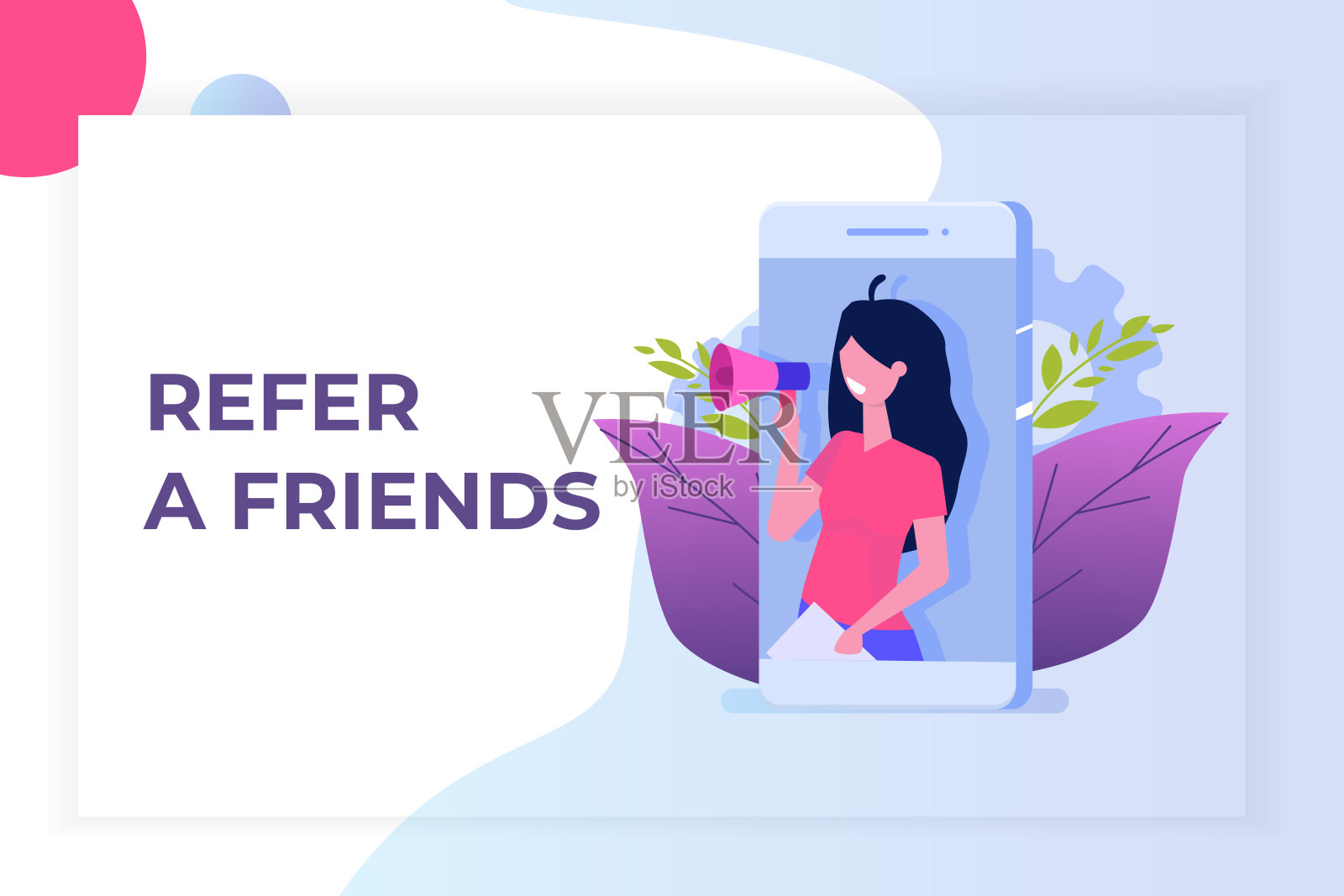 推荐朋友，推荐网络营销。推荐给朋友。分享推荐代码女人们在扩音器上大喊。矢量插图。设计模板素材