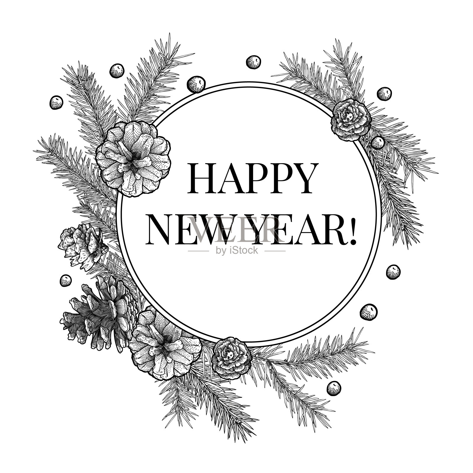 背景与手绘冷杉树枝和锥。发短信的地方，恭喜。圣诞节，新年的象征。插画图片素材