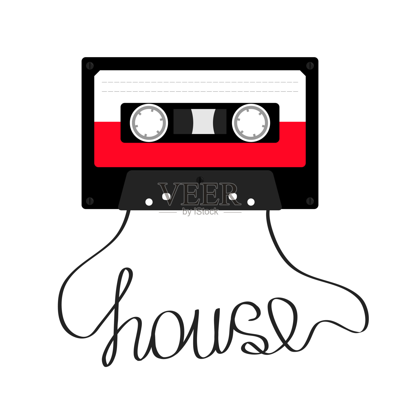 带有House音乐的塑料磁带。复古的图标。记录元素。80年代90年代年。红色模板。平面设计。白色背景。孤立。图标素材
