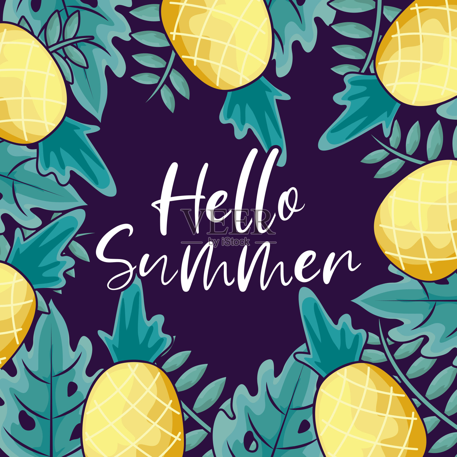 夏季框架与自然叶和菠萝插画图片素材