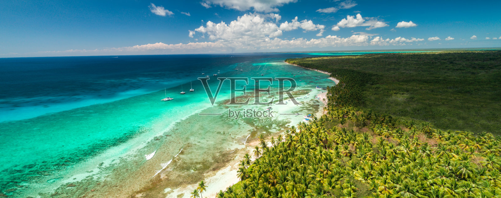 热带海滩鸟瞰图。多米尼加共和国的绍纳岛照片摄影图片