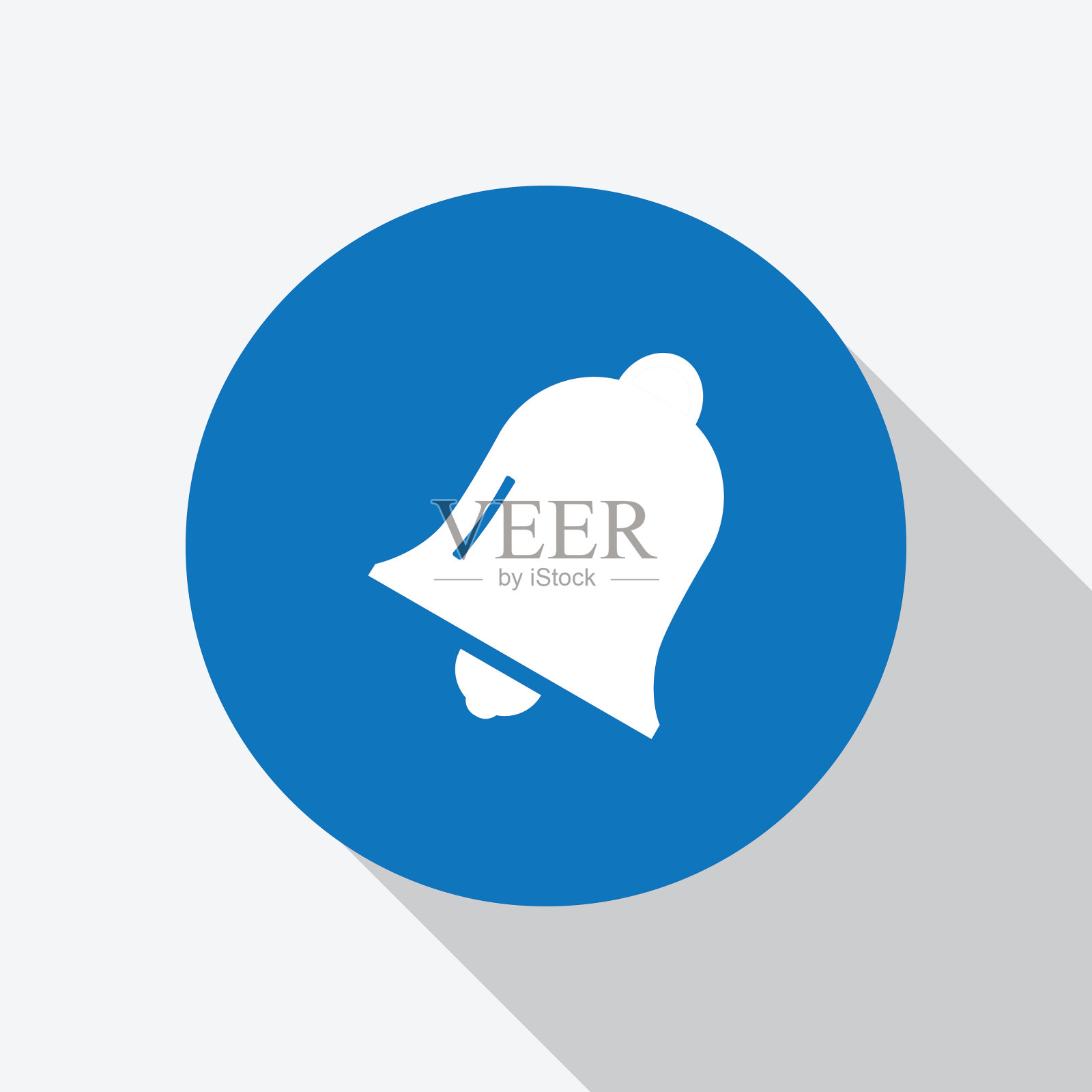 白色铃铛图标，蓝色圆形带阴影。插画图片素材