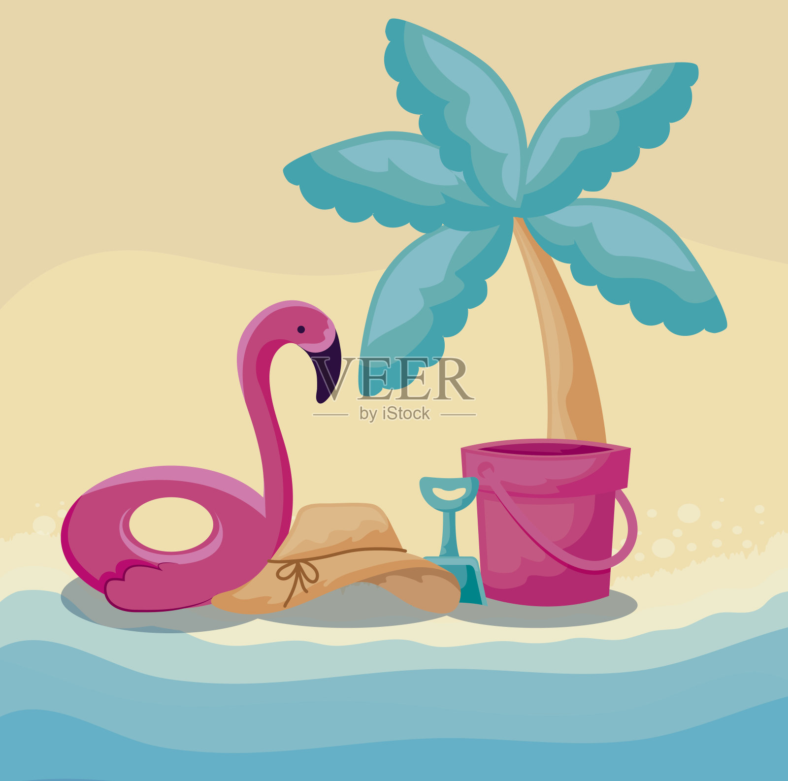 暑假与棕榈树和图标在海滩插画图片素材