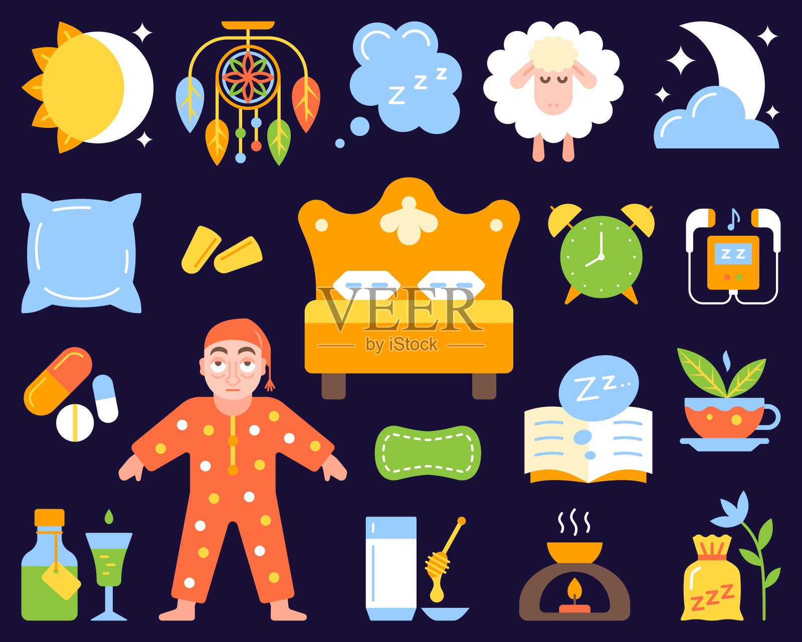 失眠简单的平面颜色图标向量集插画图片素材