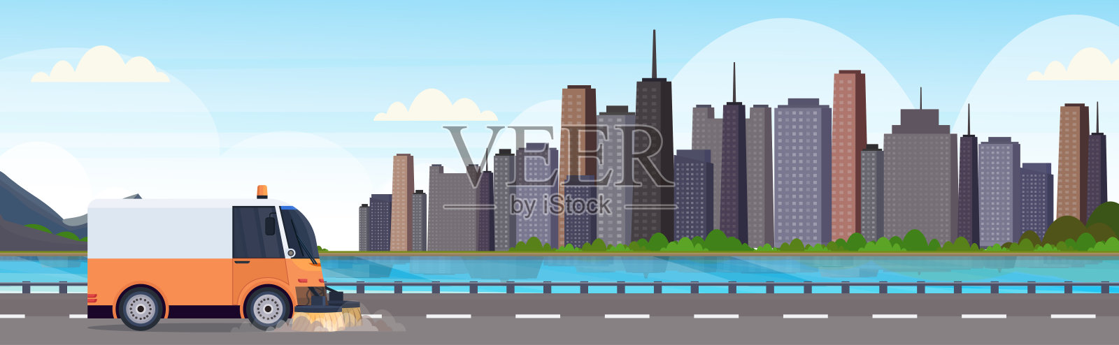 街道清扫车、卡车、机器清洗过程、工业车辆、城市道路服务理念、现代城市景观背景横旗平坦插画图片素材
