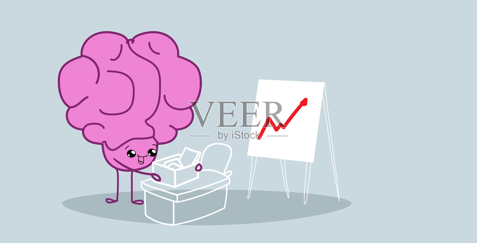 可爱的人脑坐在工作场所分析财务图表上的挂图头脑风暴概念粉红色卡通人物卡哇伊风格水平手绘插画图片素材