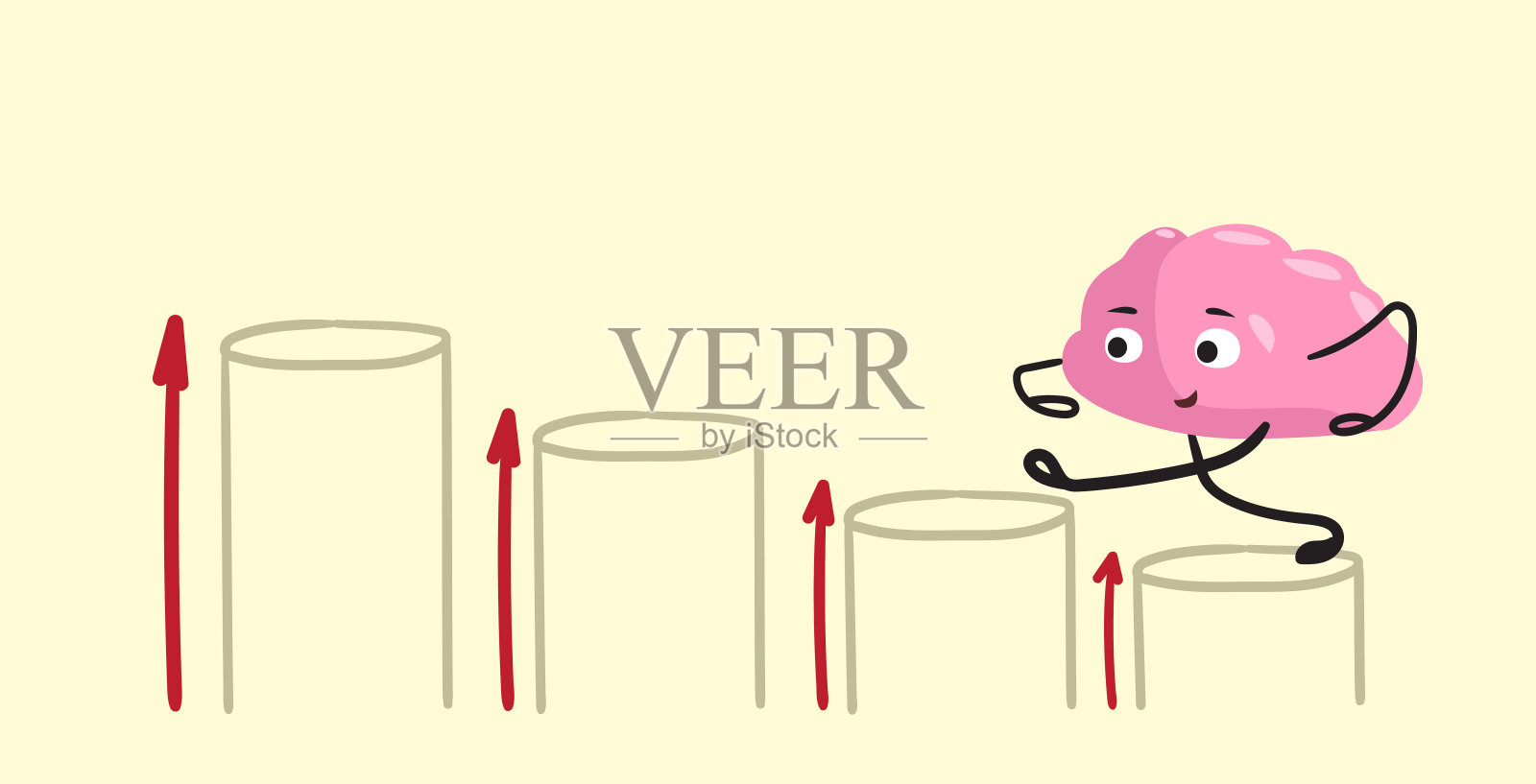 可爱的人脑，不断攀升的职业阶梯，不断增长的财务图表，粉红色的卡通人物，商业图形概念，卡哇伊风格的水平插画图片素材