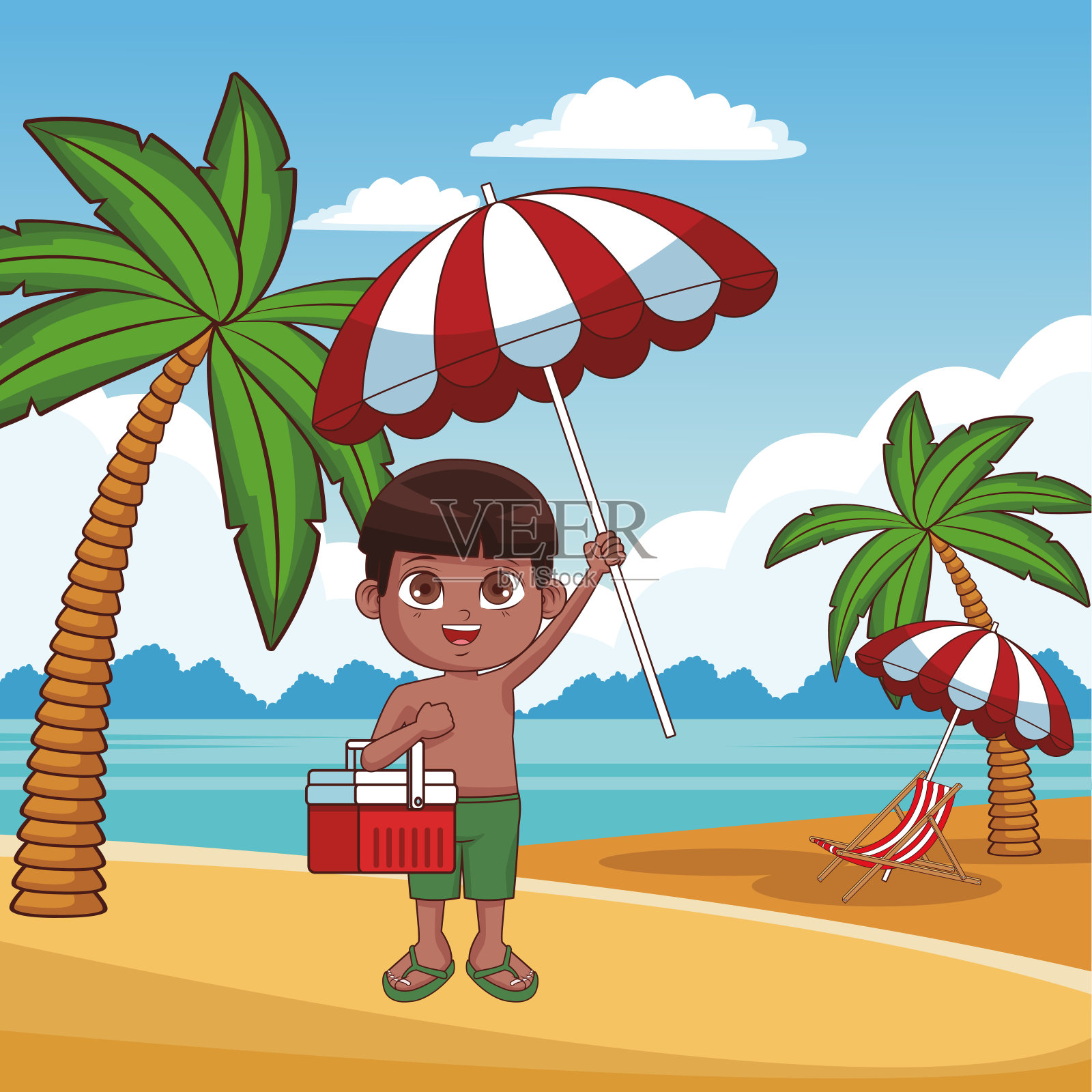 孩子和海滩可爱的卡通插画图片素材