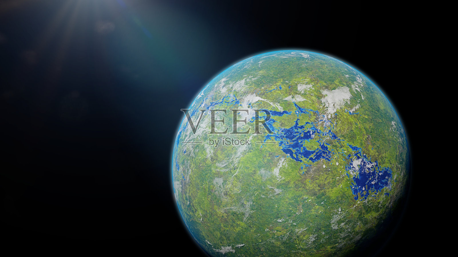 丛林系外行星，一个遥远的恒星系统中的绿色和生物活跃的外星行星(3d空间插图)照片摄影图片