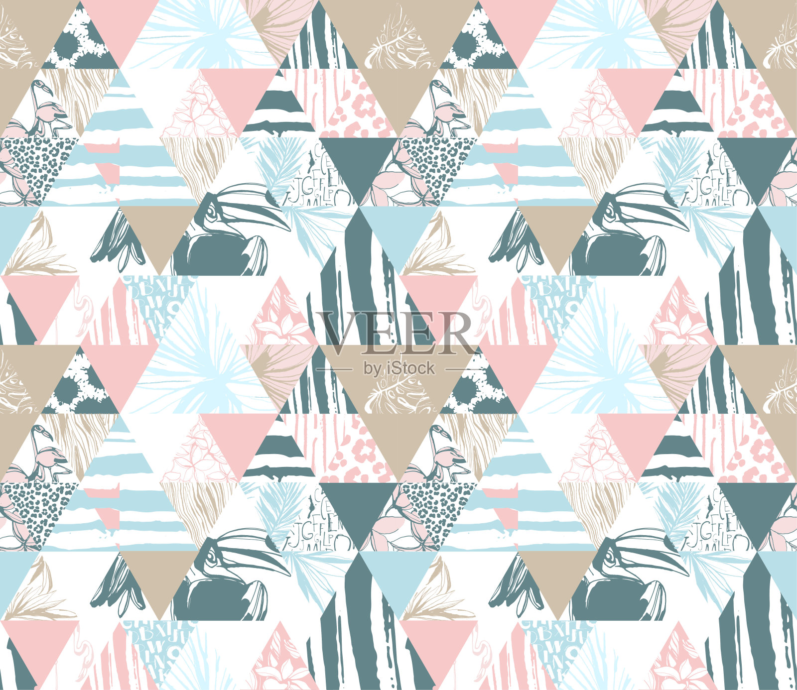 无缝三角形图案热带鸟类，棕榈树，花卉。枯燥乏味的墨水的风格。插画图片素材