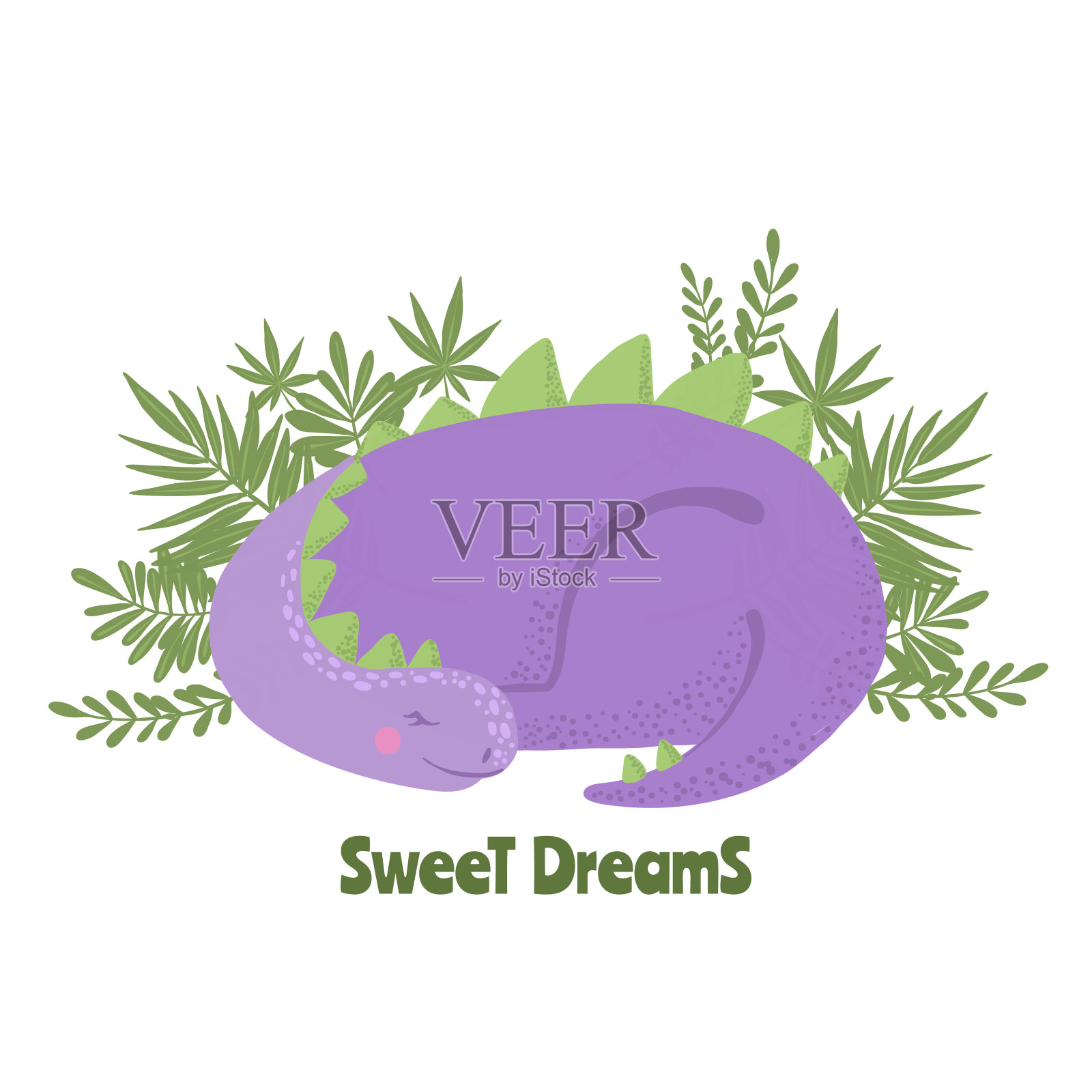 可爱的紫色睡觉恐龙和绿色的叶子。插画图片素材