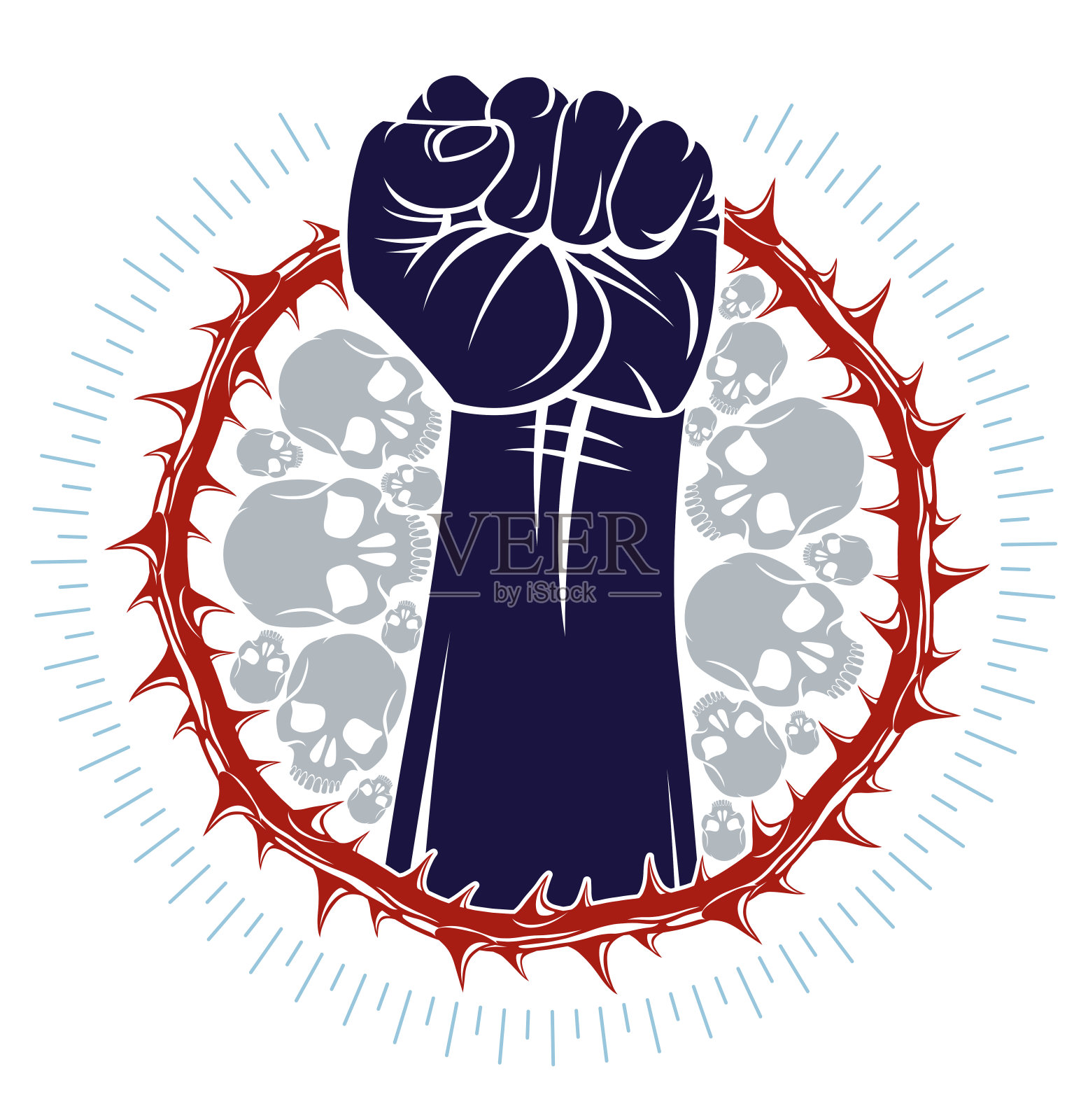 强有力的手握拳为自由而战反对黑刺李棘刺奴隶主题插画，矢量纹身，穿过荆棘到星星的概念。插画图片素材