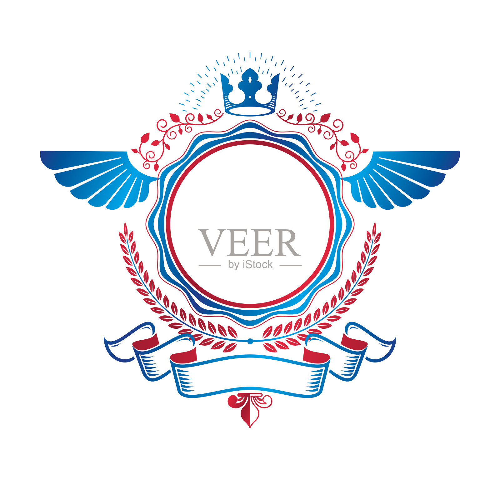 用古老的皇冠和锋利的矛创造的图形翼徽章。纹章矢量设计元素装饰丝带。复古风格标签，纹章。插画图片素材