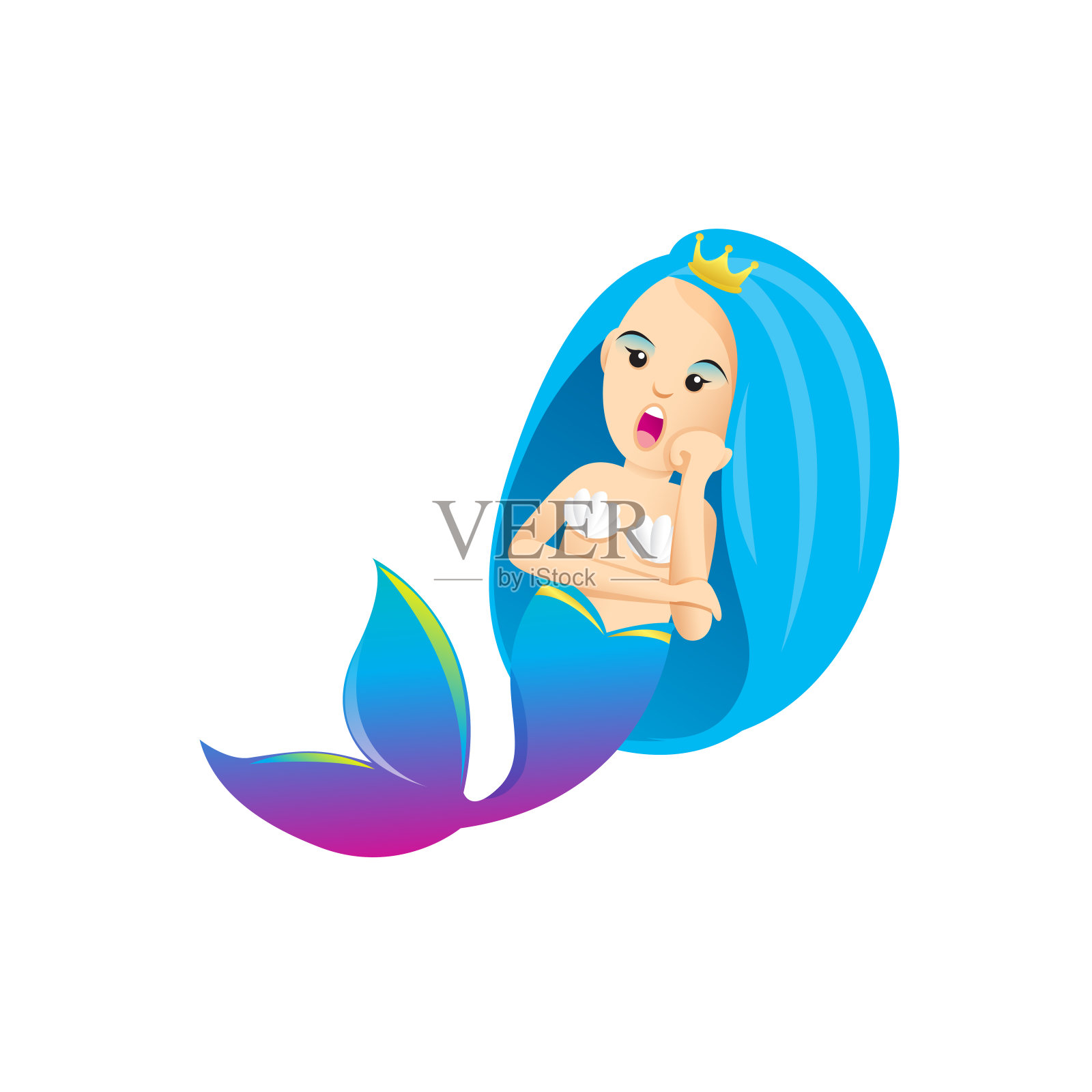 美人鱼卡通人物可爱孤立在白色背景，美丽的美人鱼卡通人物可爱，剪贴画美人鱼蓝色可爱有趣，剪纸美人鱼吉祥物卡通紫色蓝色插画图片素材