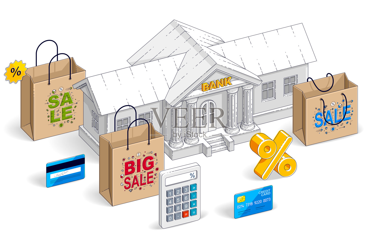 消费信贷概念，银行大楼购物袋，计算器，卡和百分比符号孤立在白色背景。矢量三维等距商业和财务插图，细线设计。插画图片素材