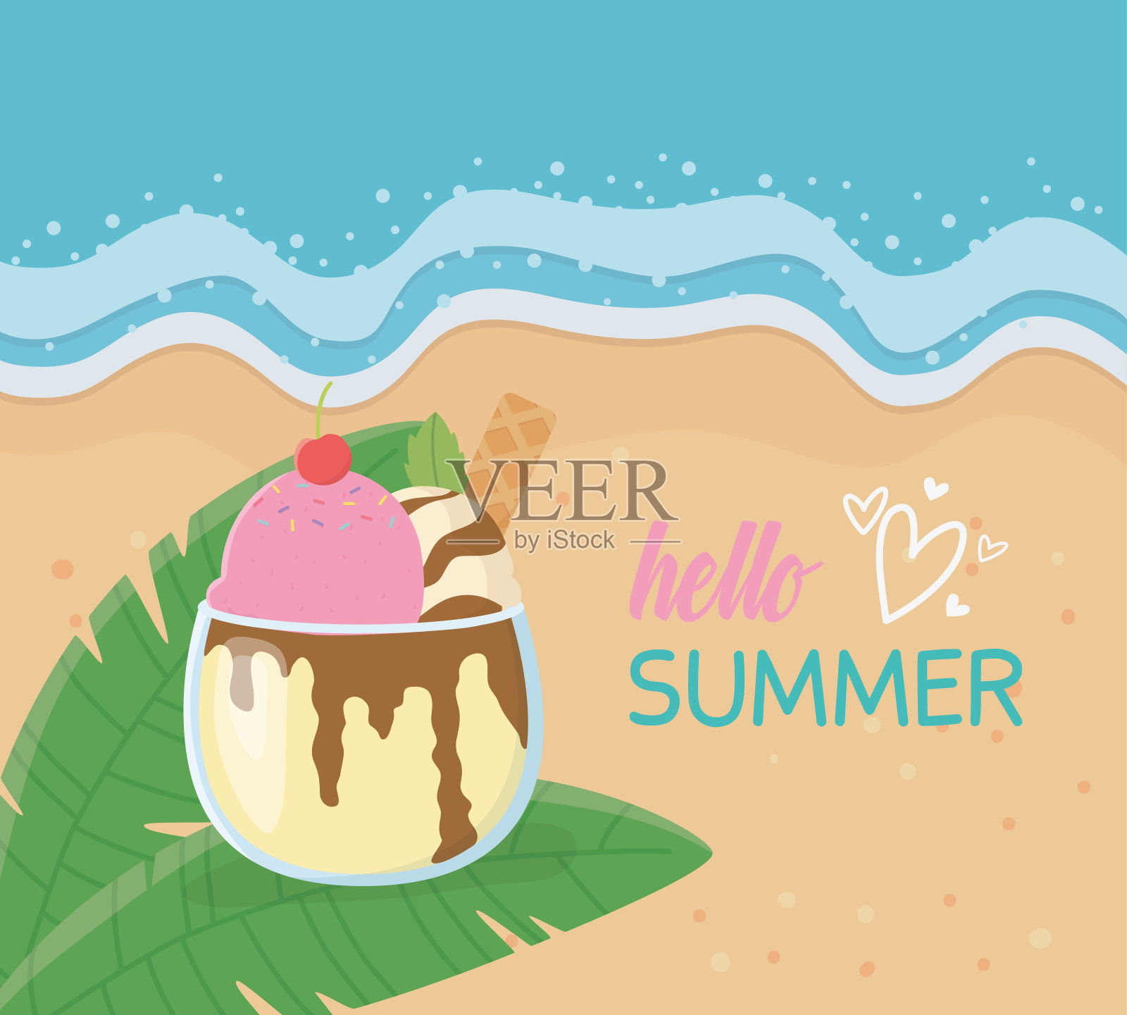你好，有海滩景色和冰淇淋的夏季海报插画图片素材