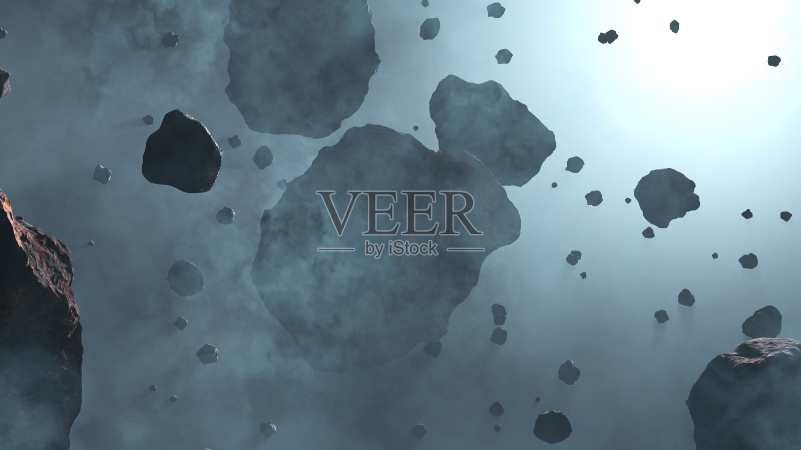 许多小行星岩石在一个浅蓝色的雾与恒星冷蓝色发光照片摄影图片