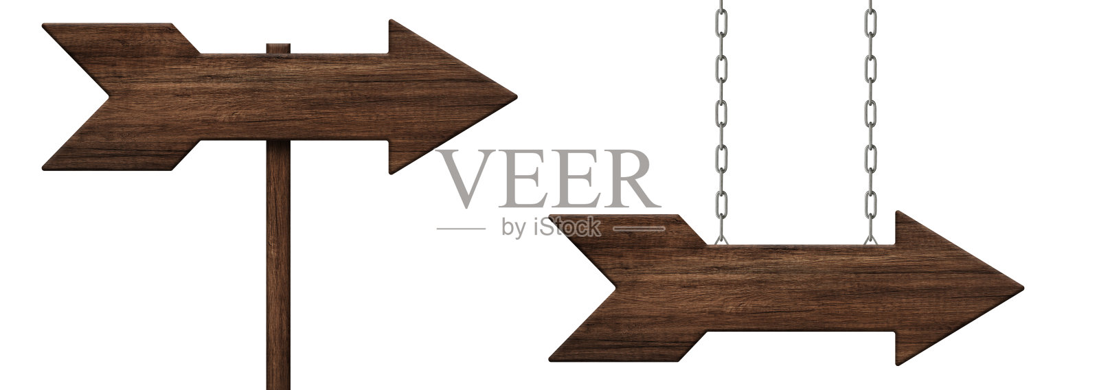 木制箭头形状的路标，由深色的木头制成，用链条挂着，并带有杆子照片摄影图片