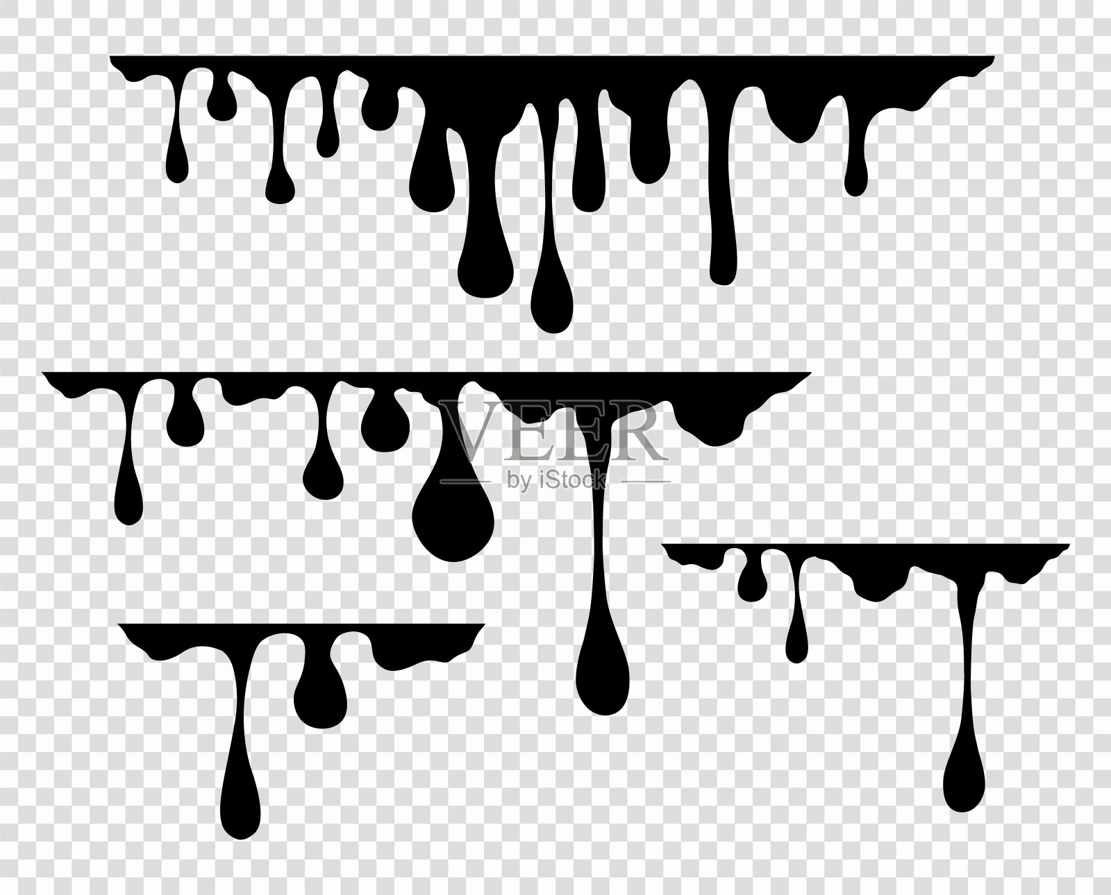 流动的浓漆，焦糖，墨水。长而粘的液滴。矢量设计元素隔离在透明背景上。插画图片素材