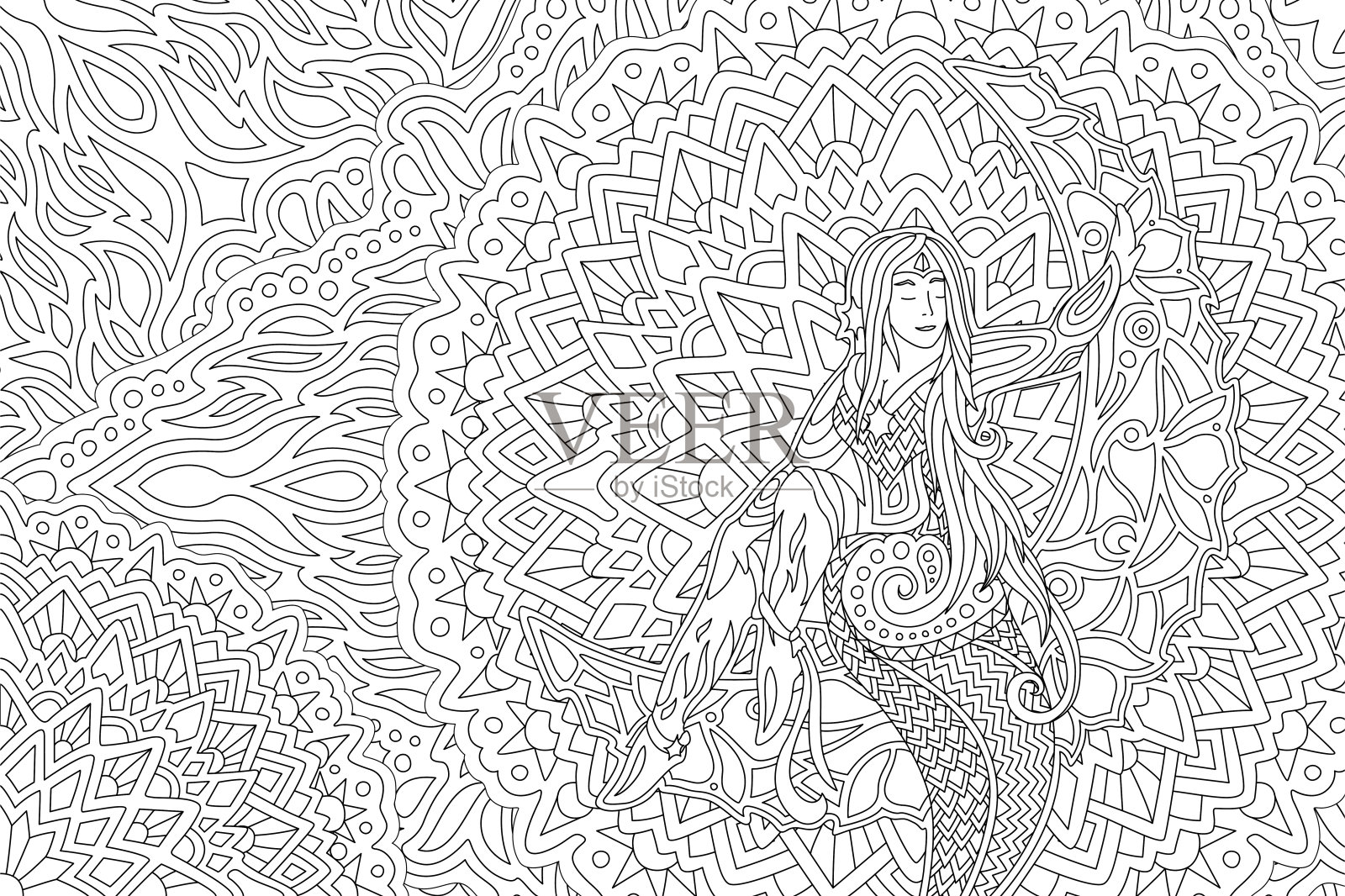 月球上美丽女孩的涂色书艺术插画图片素材