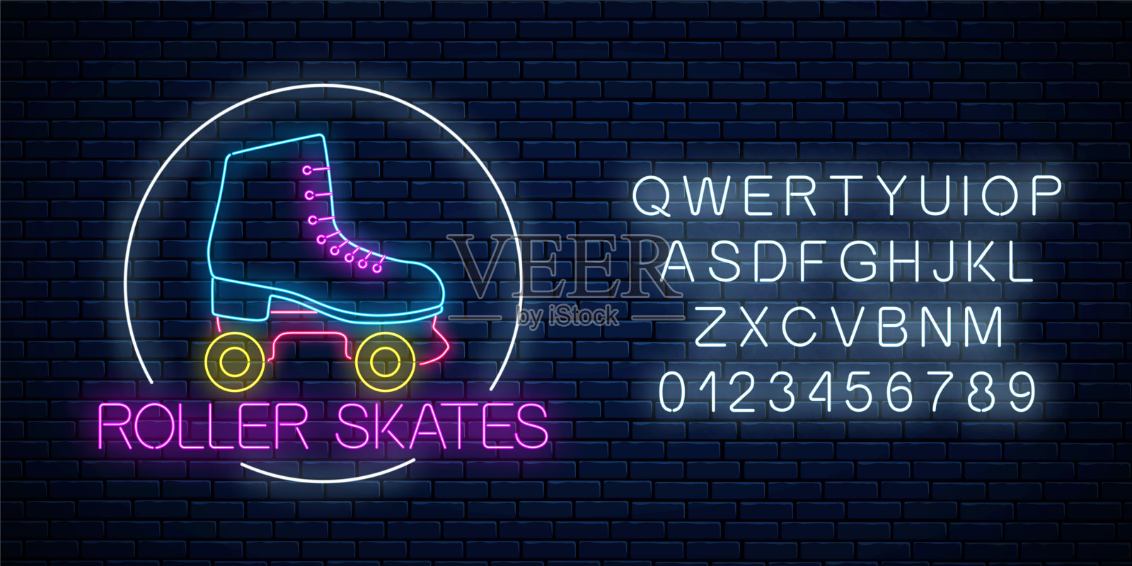 复古滚轴溜冰鞋发光的霓虹灯标志在圆形框架与字母。滑板区标志在霓虹灯风格。设计模板素材
