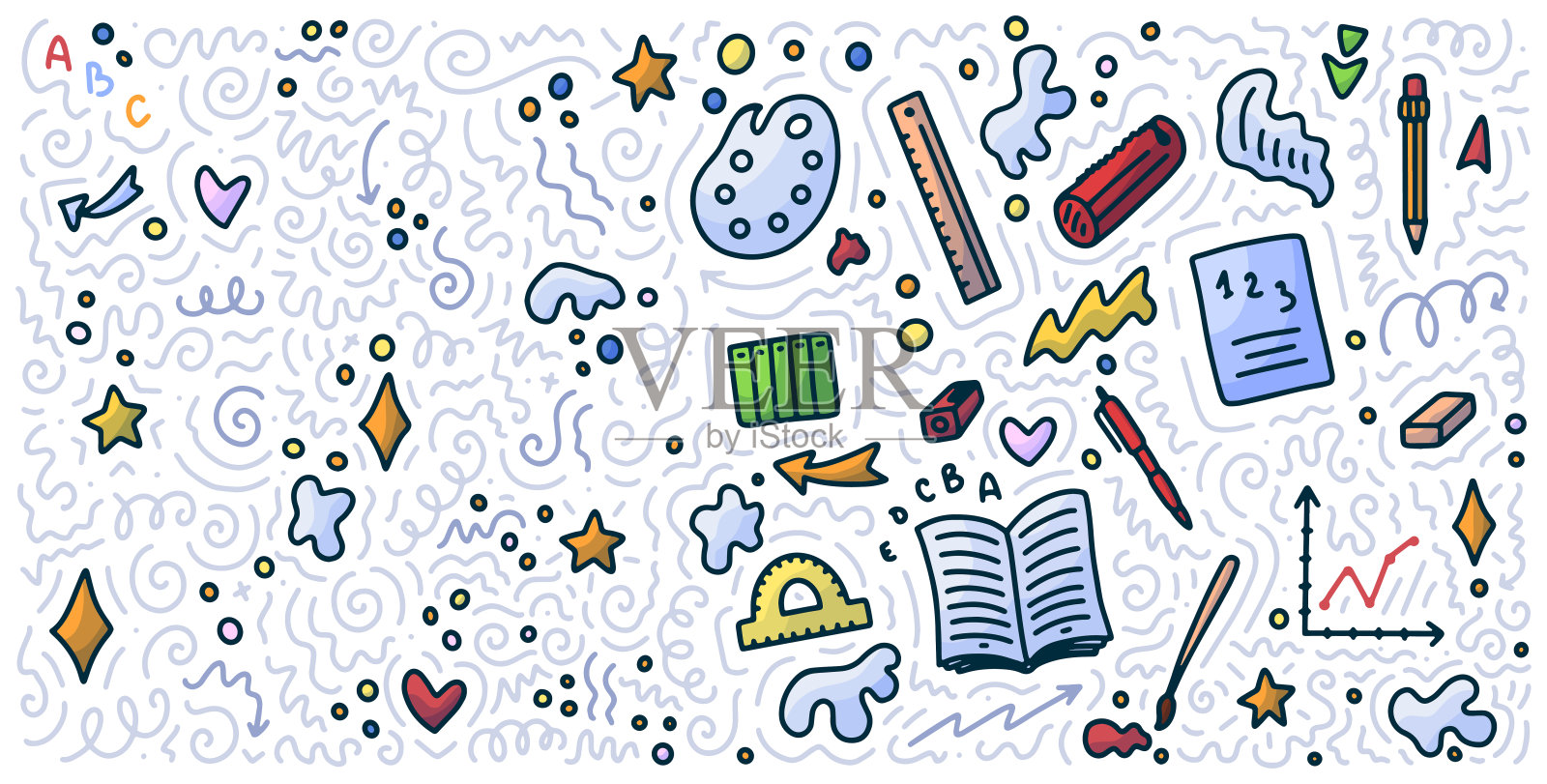 欢迎回到学校涂鸦背景。销售横幅模板。手绘元素。教育的概念。印刷标志。向量插画图片素材