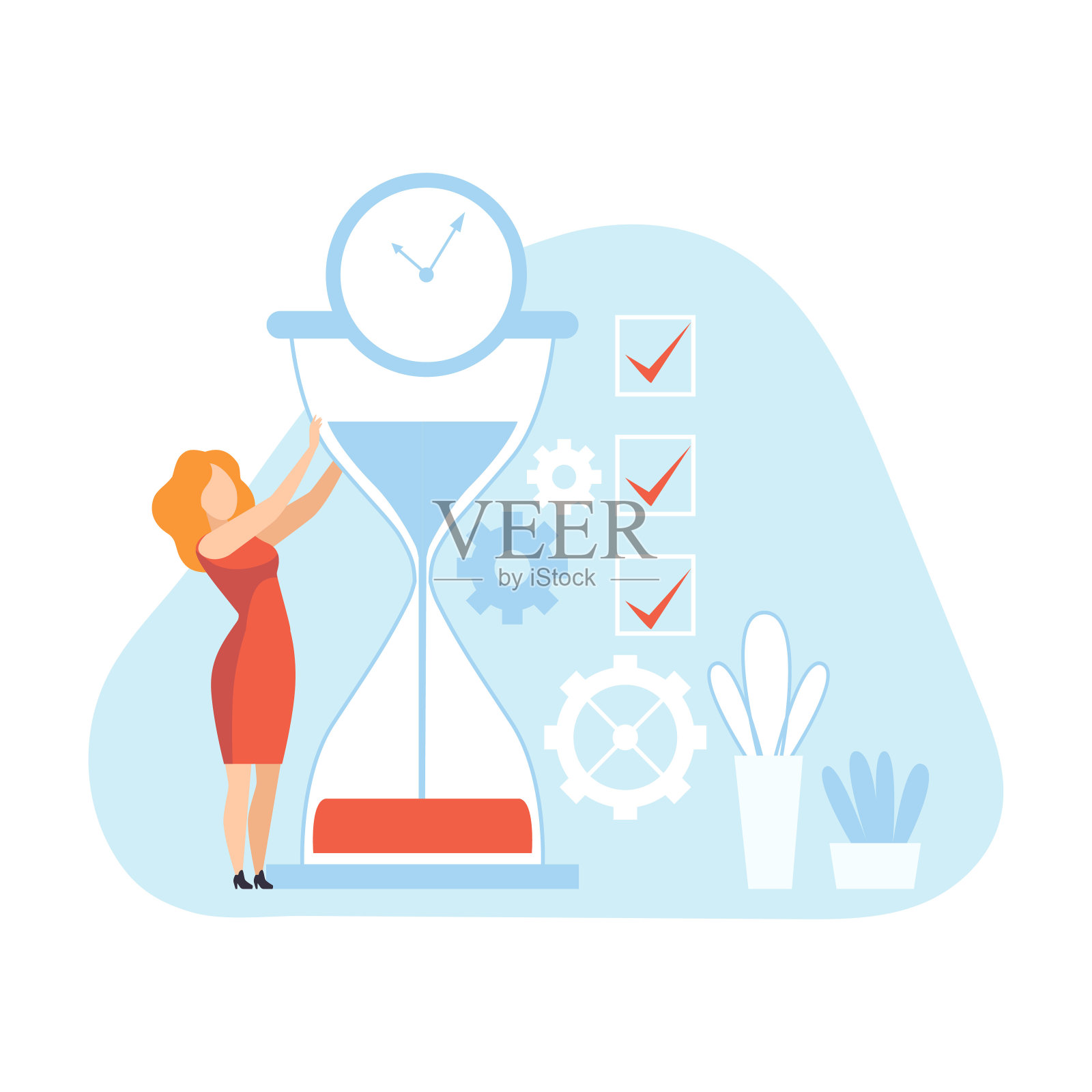 女商人与沙漏，女上班族计划，组织，控制工作时间矢量插图插画图片素材