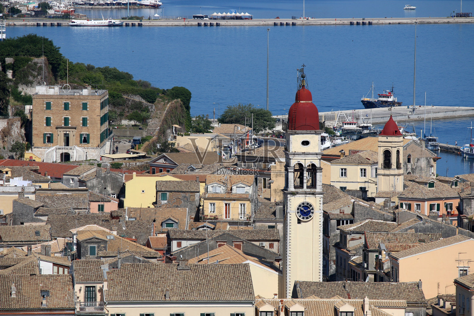 希腊科孚岛Kerkyra镇城市景观圣斯比里顿教堂塔照片摄影图片