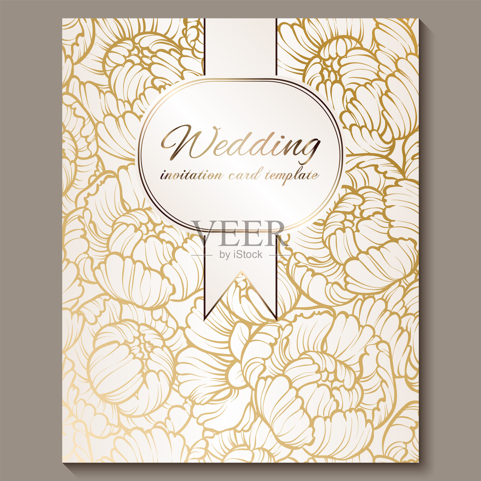 古色古香的皇家豪华婚礼请柬，金色的白色背景与框架和地方的文字，花边树叶制成的玫瑰或牡丹与闪亮的梯度设计模板素材