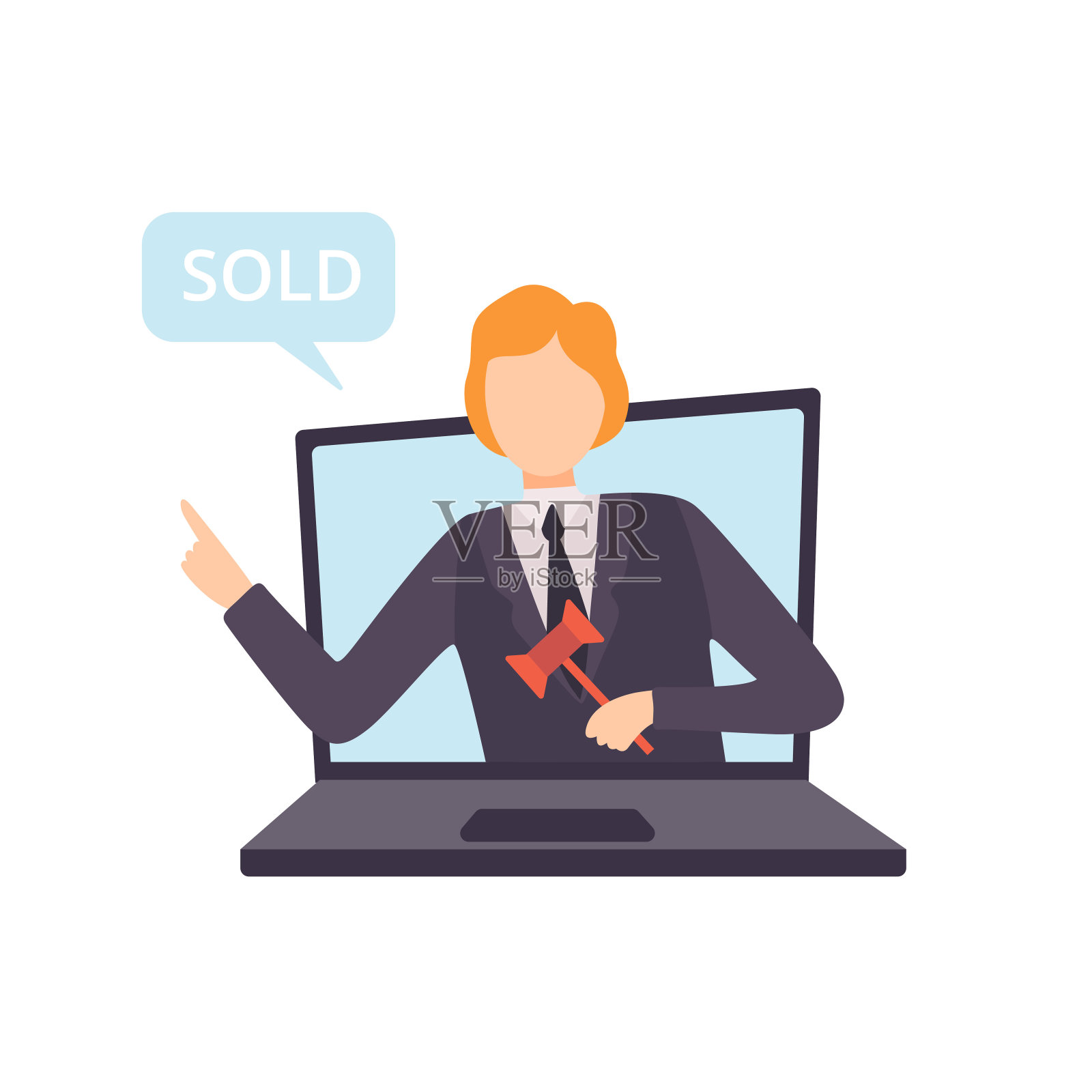 在线拍卖，男性拍卖师与木槌说从笔记本电脑屏幕矢量插图出售插画图片素材