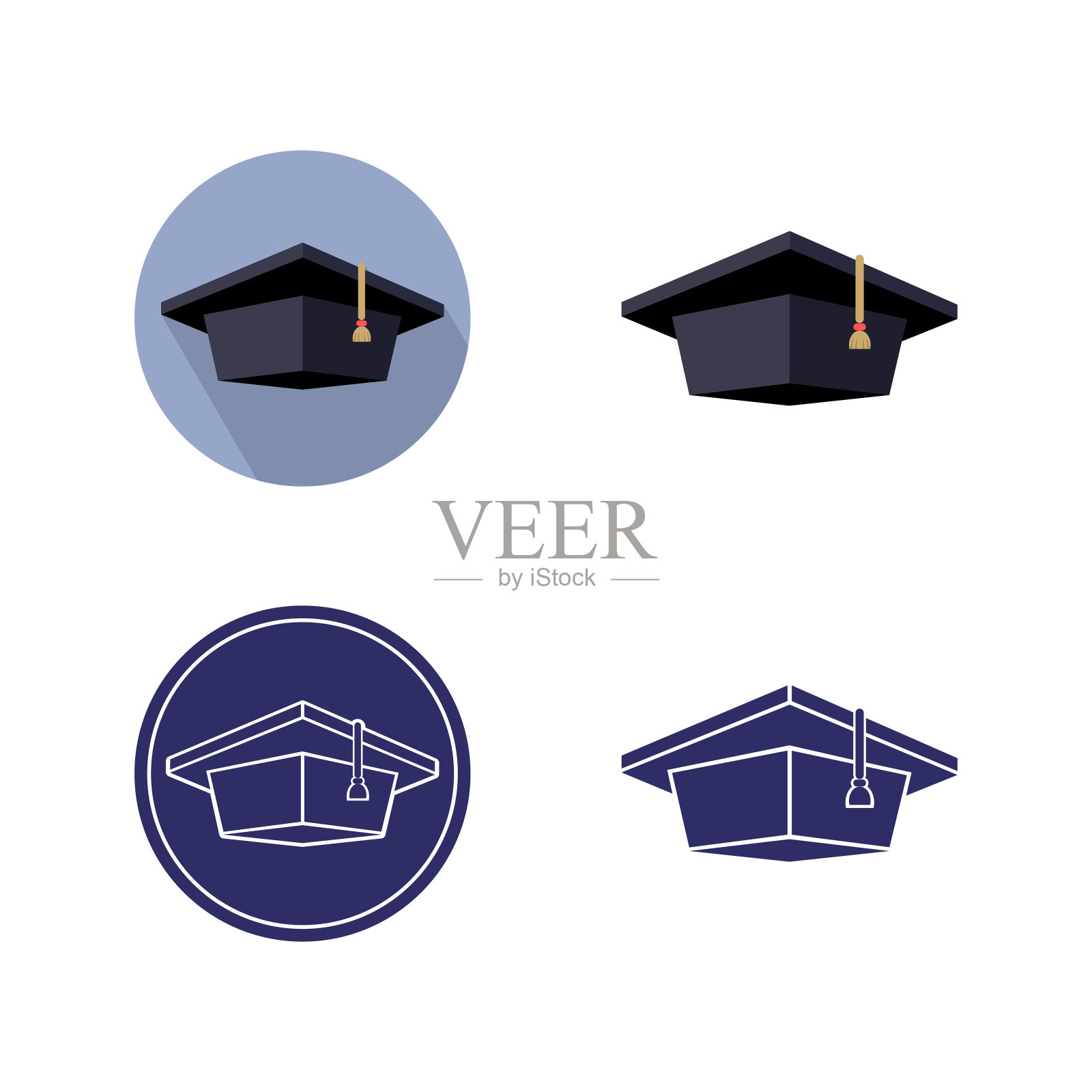 套毕业帽，单色和彩色孤立图像分一个圈和一个圈插画图片素材