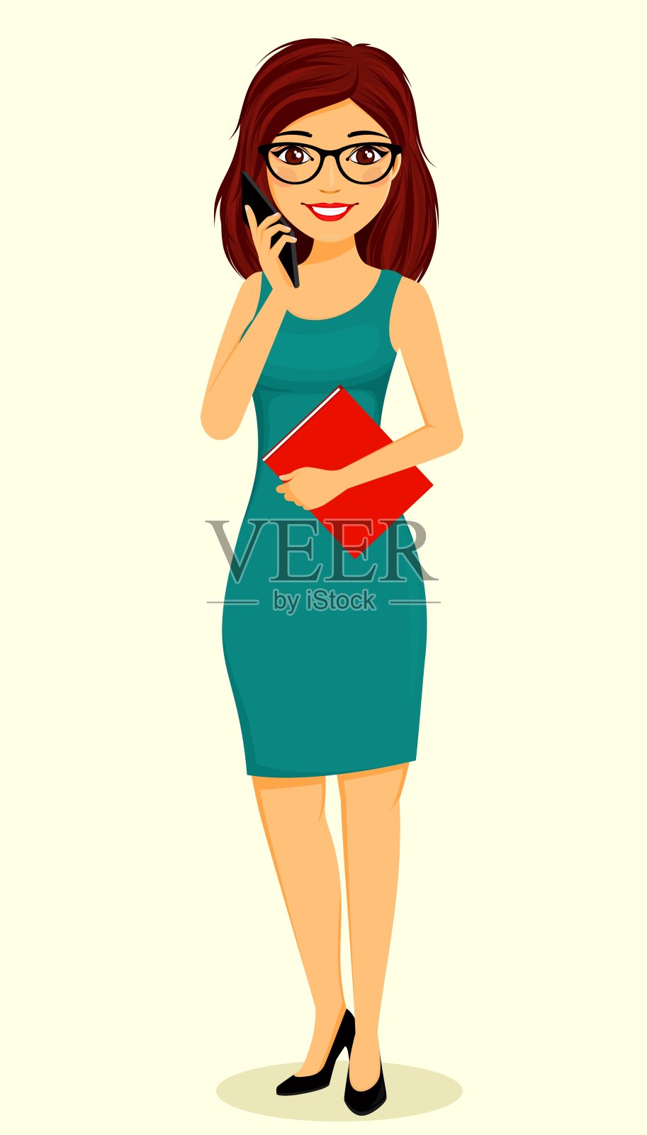 女孩手里拿着一本书打电话。商业和金融。的性格。插画图片素材