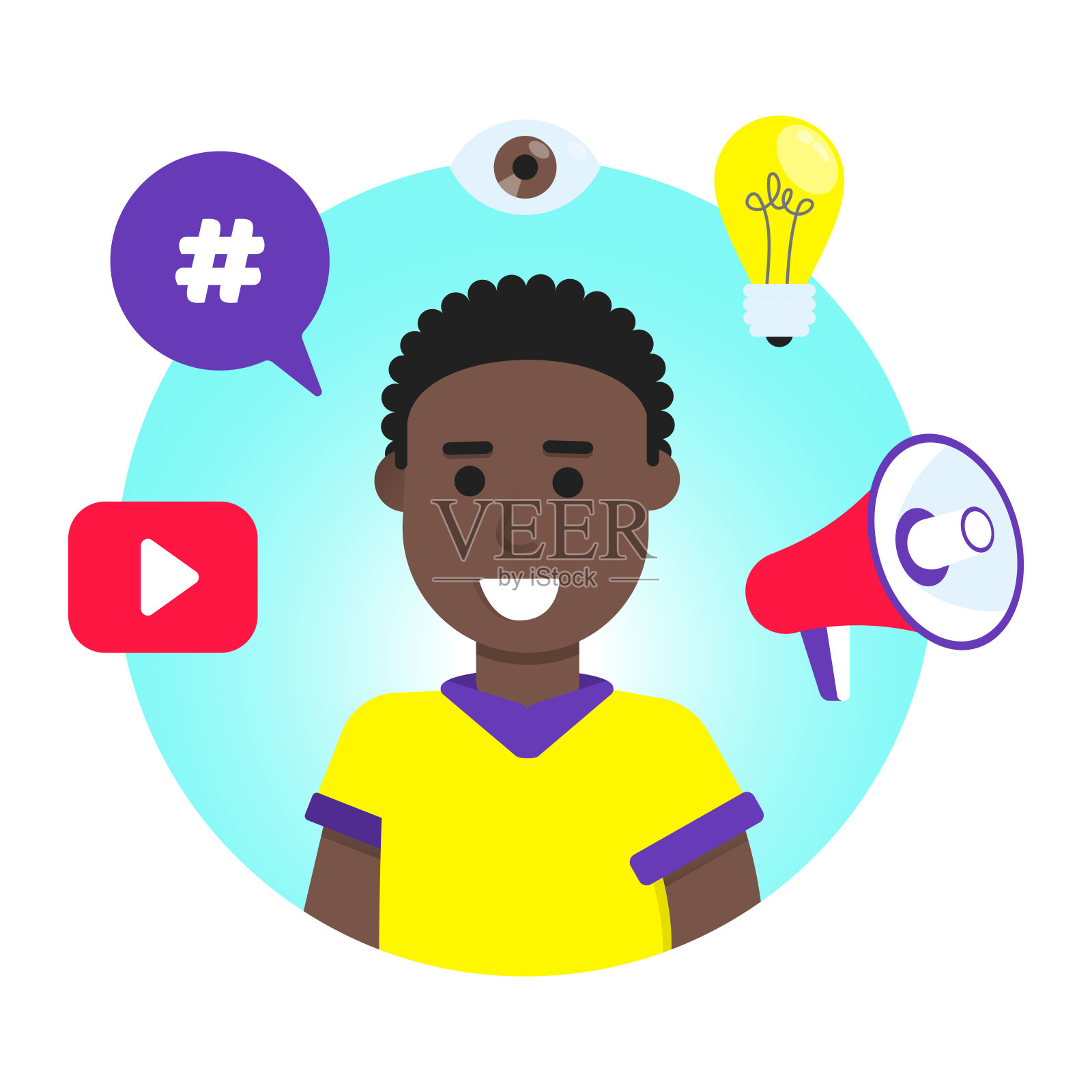 博客内容概念模板。视频博客头像在圈自由职业者内容管理平面风格设计矢量插图孤立在白色背景。Seo社交媒体。插画图片素材