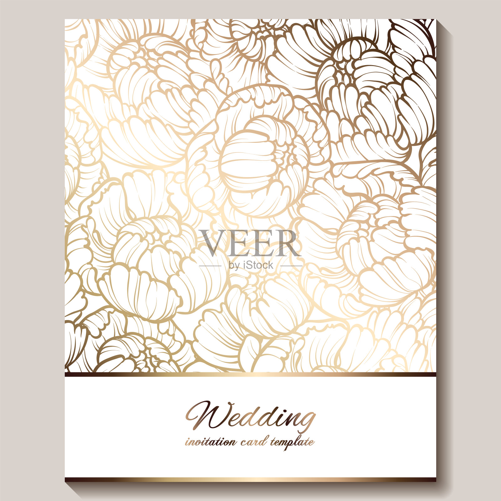 古色古香的皇家豪华婚礼请柬，金色的白色背景与框架和地方的文字，花边树叶制成的玫瑰或牡丹与闪亮的梯度插画图片素材