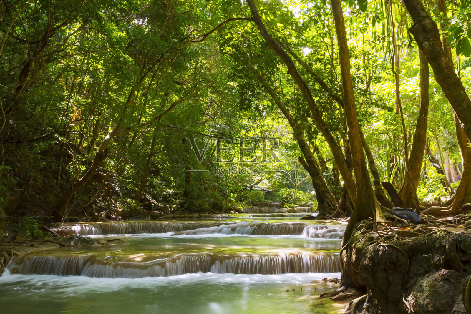 四面瀑布和日光明亮的树木在森林照片摄影图片