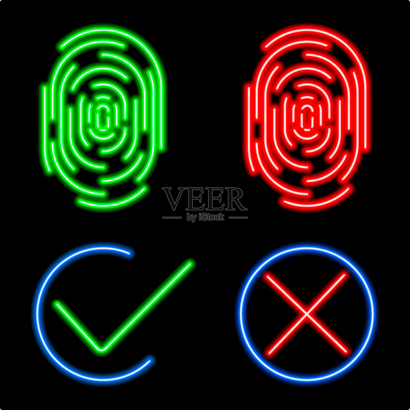 霓虹灯指纹图标与标志批准和不批准的黑色背景图标素材