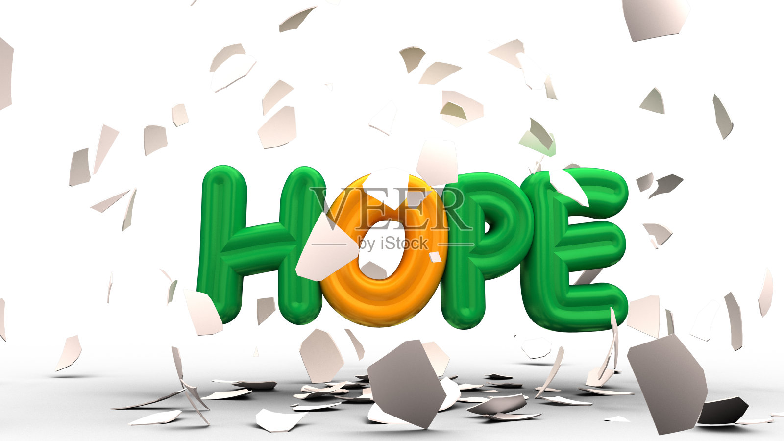 静止的鸡蛋分裂孵出希望字，3D渲染。照片摄影图片