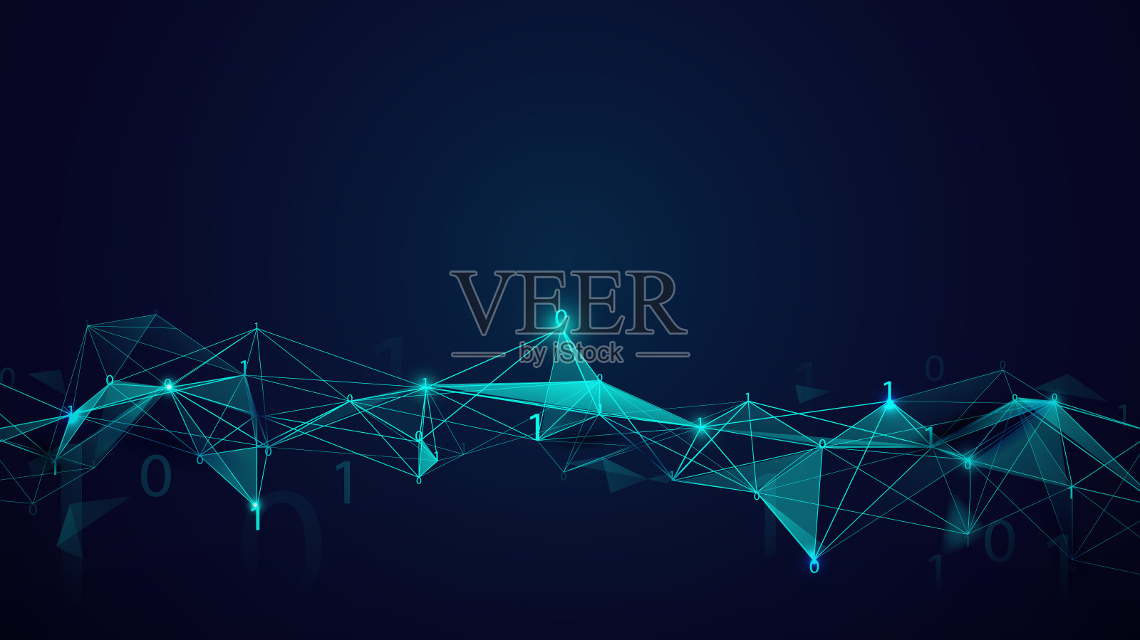 深蓝色背景下的分子结构与二进制编码技术。抽象连接线和点插画图片素材