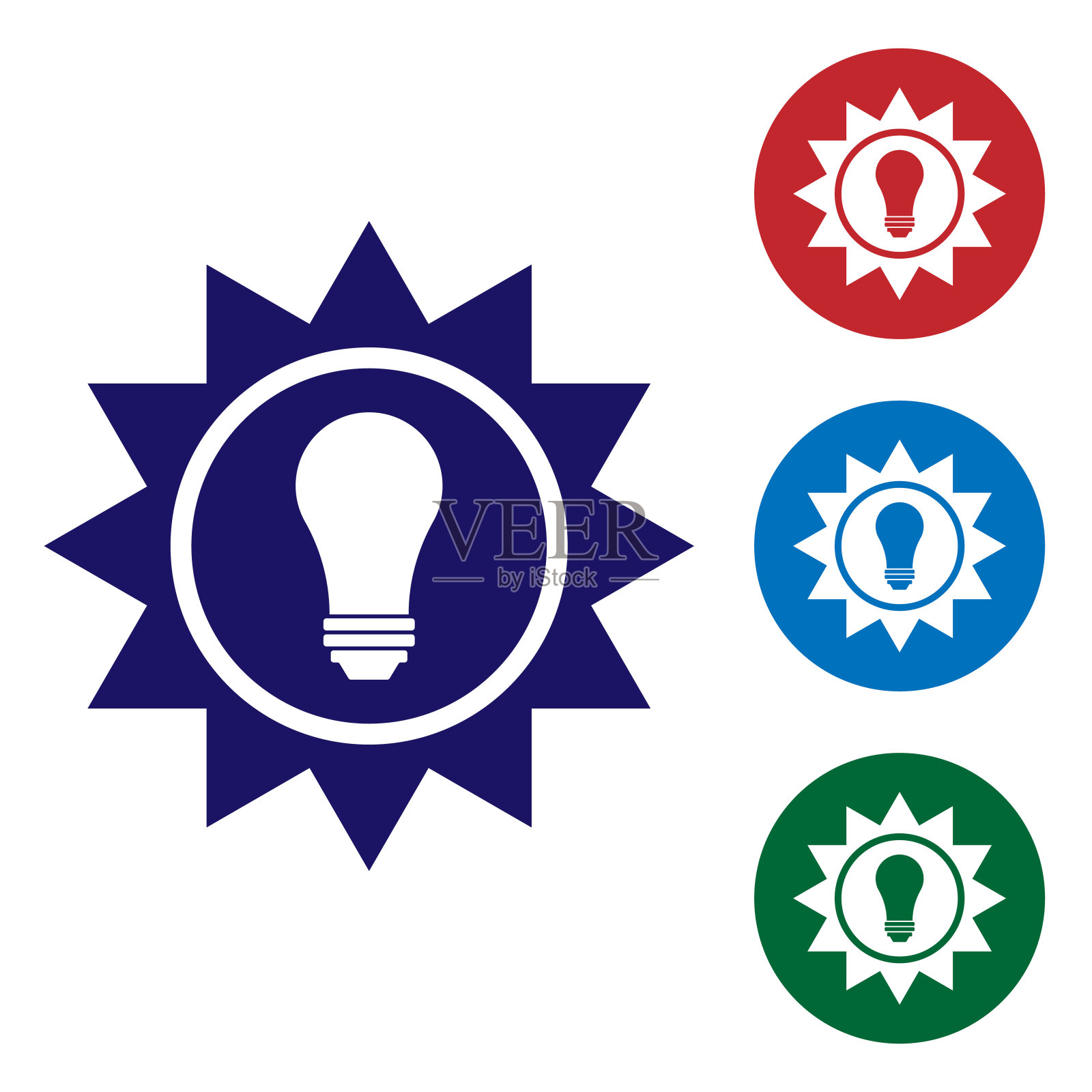 蓝色太阳能面板图标孤立在白色背景。太阳和灯泡。设置圆形按钮中的颜色图标。矢量图图标素材