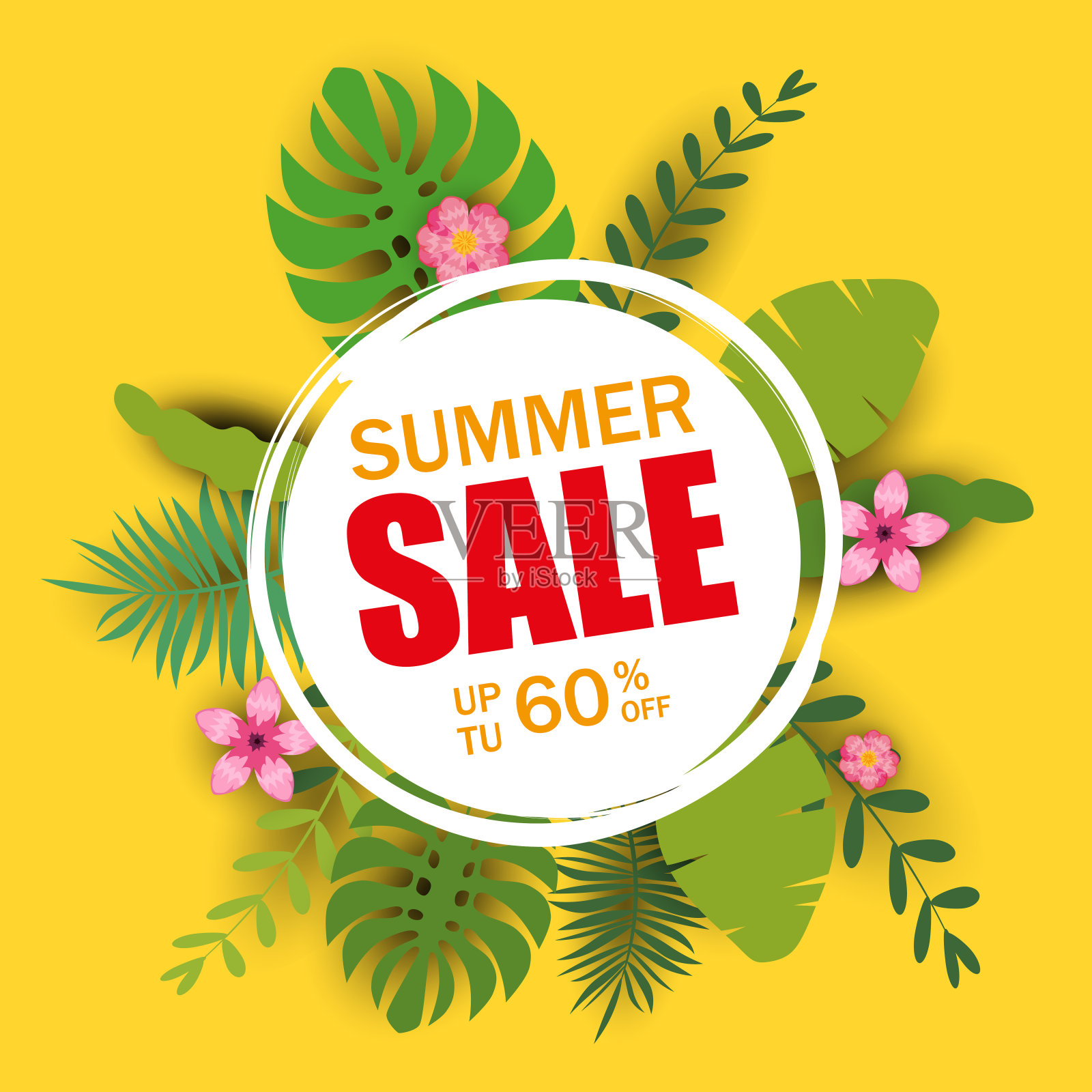 夏季促销模板横幅，海报与棕榈叶，丛林叶。热带花卉夏季背景。矢量图模板插画图片素材