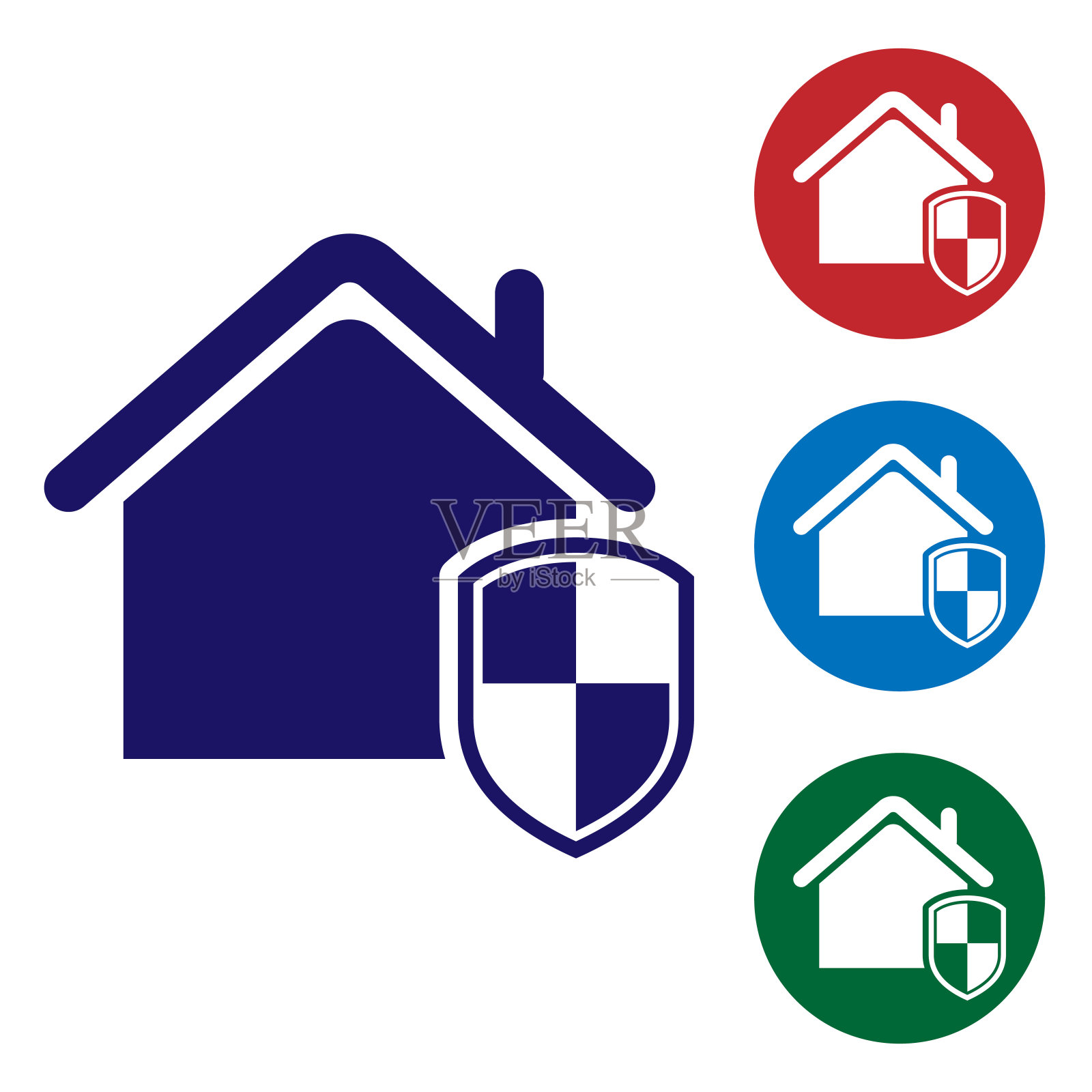 蓝色的房子在保护图标孤立在白色的背景。家和盾牌。保护、安全、保障、保护、防御的理念。设置圆形按钮中的颜色图标。矢量图插画图片素材